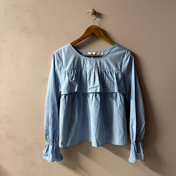 Joie Blue Adotte Ruffled Semi-Cropped Blouse Size M NWT
